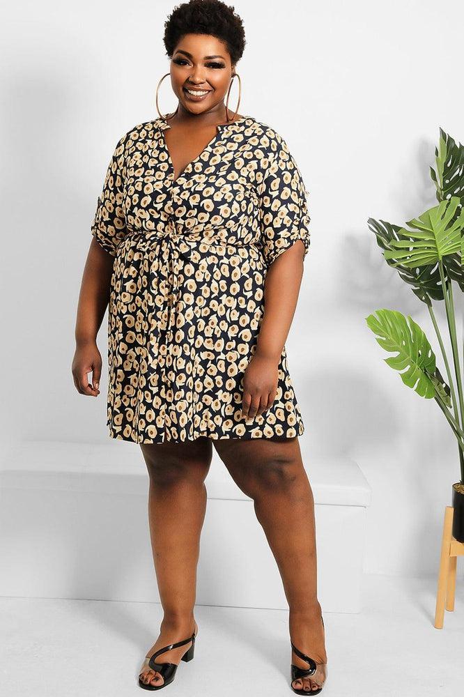 Navy Beige Spotted Print Shirt Dress-SinglePrice