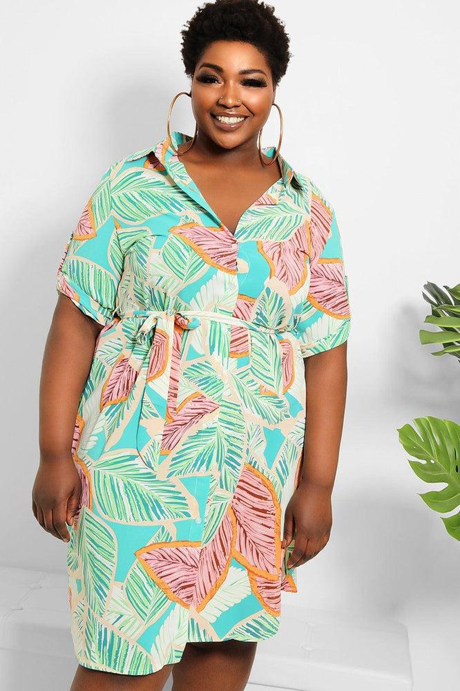 Multicolour Leaves Print Shirt Dress-SinglePrice