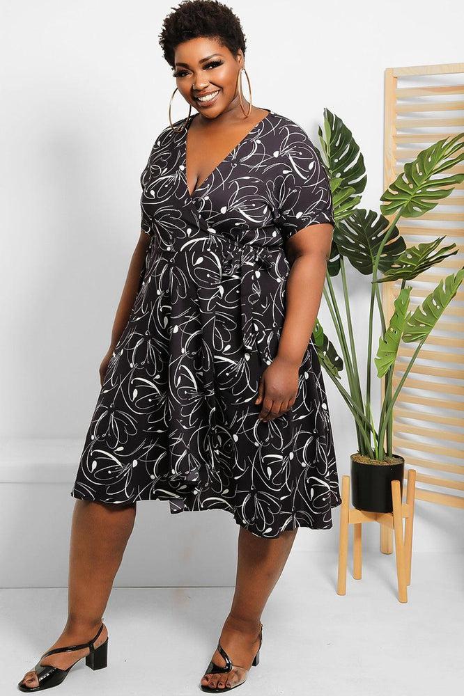 Abstract Floral Print Midi Wrap Dress-SinglePrice