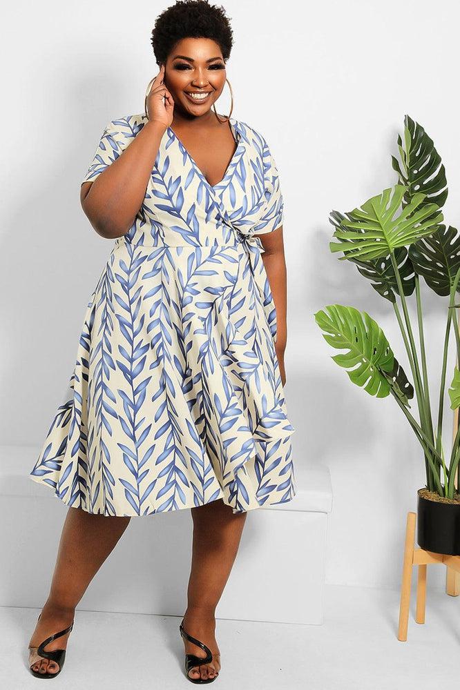 Cream Blue Leaves Print Midi Wrap Dress-SinglePrice