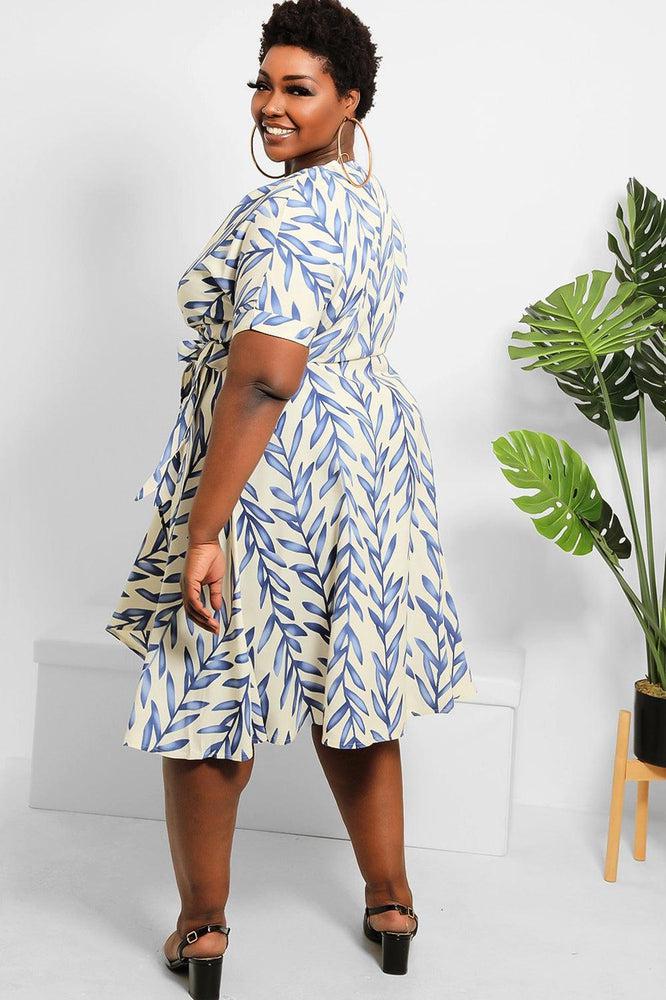 Cream Blue Leaves Print Midi Wrap Dress-SinglePrice