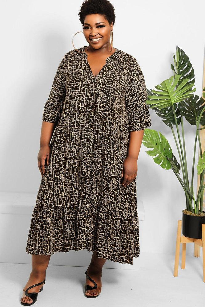Black Camel Abstract Print Midi Shirt Dress-SinglePrice