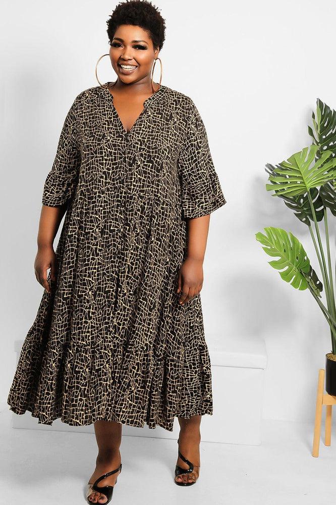 Black Camel Abstract Print Midi Shirt Dress-SinglePrice