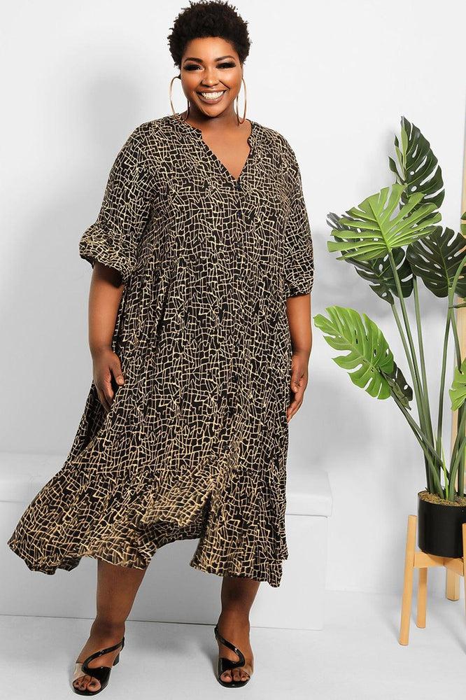 Black Camel Abstract Print Midi Shirt Dress-SinglePrice