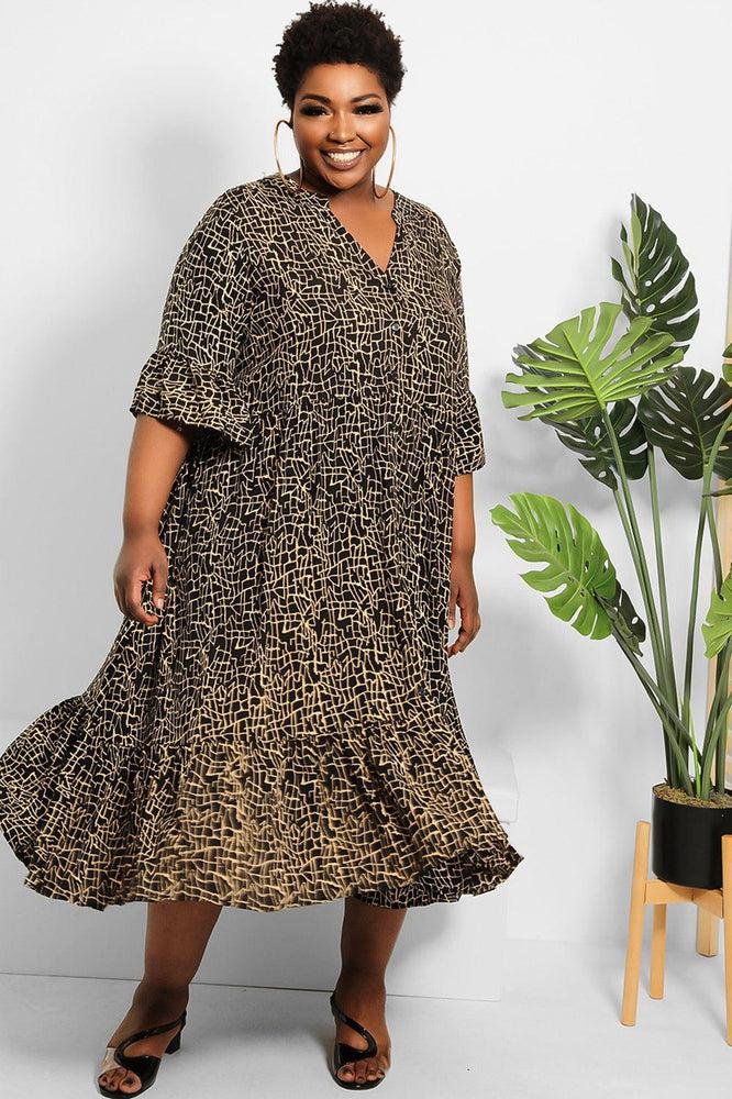 Black Camel Abstract Print Midi Shirt Dress-SinglePrice