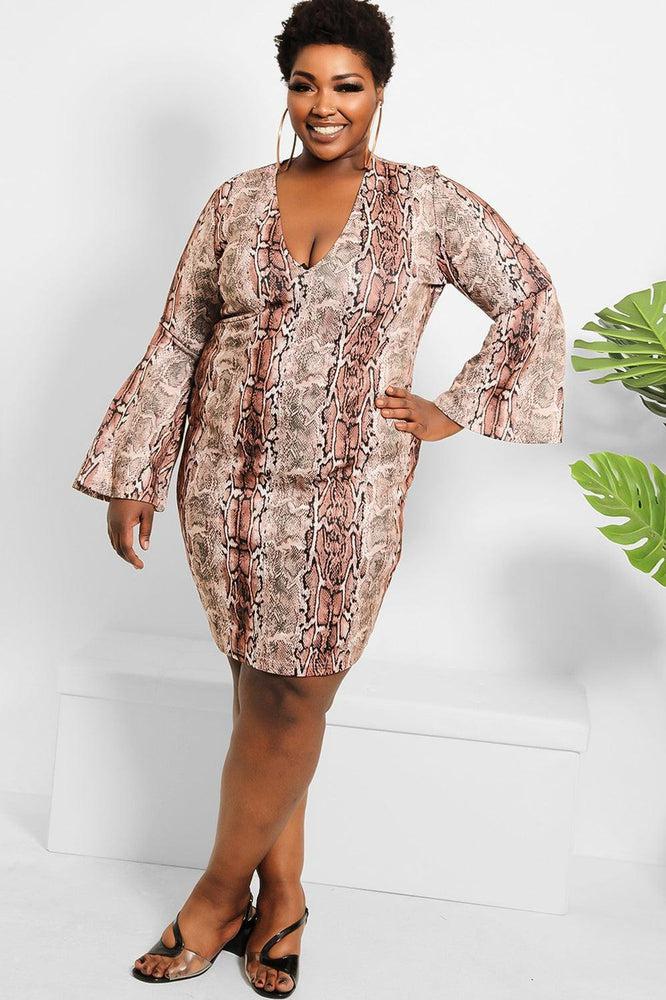 Brown Python Print Flute Sleeves Mini Bodycon Dress-SinglePrice