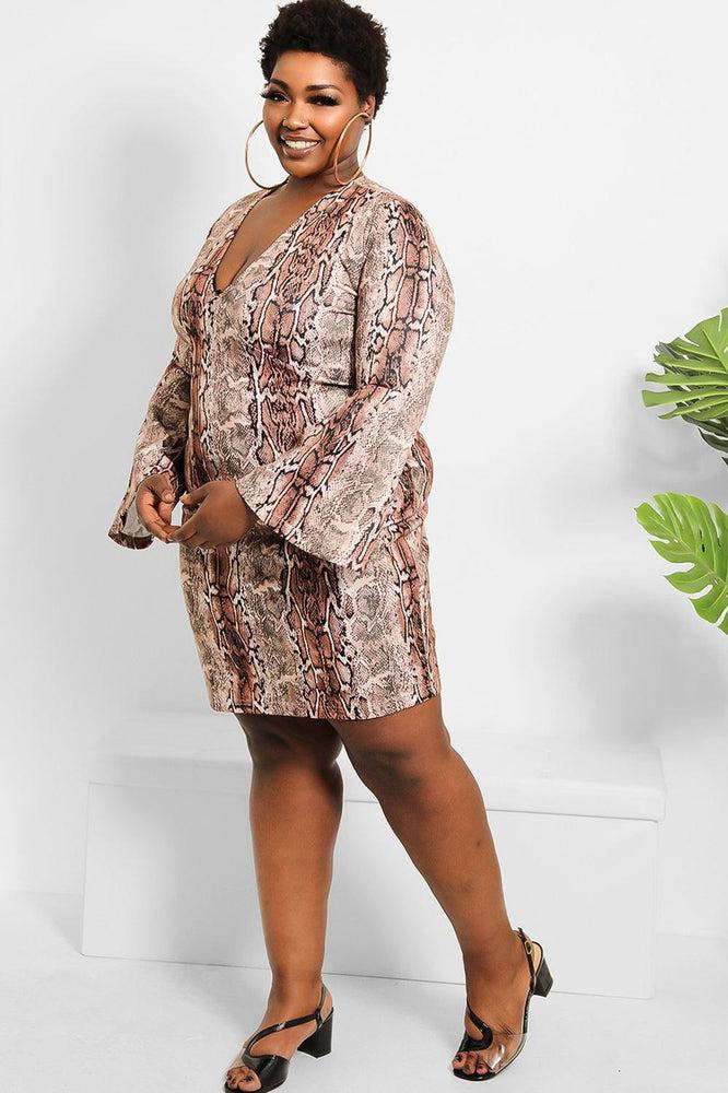 Brown Python Print Flute Sleeves Mini Bodycon Dress-SinglePrice