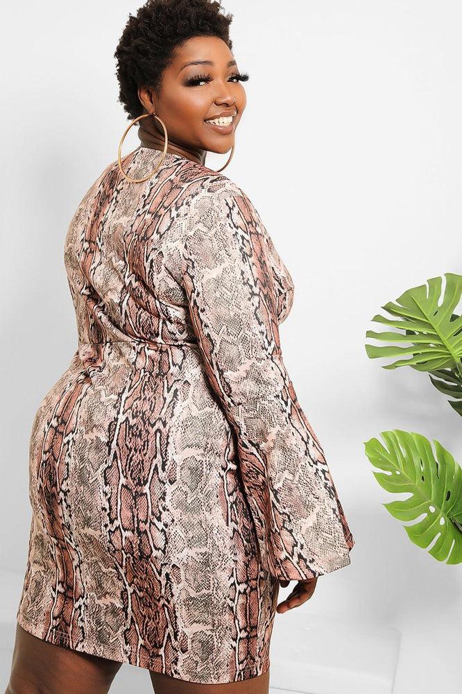 Brown Python Print Flute Sleeves Mini Bodycon Dress-SinglePrice