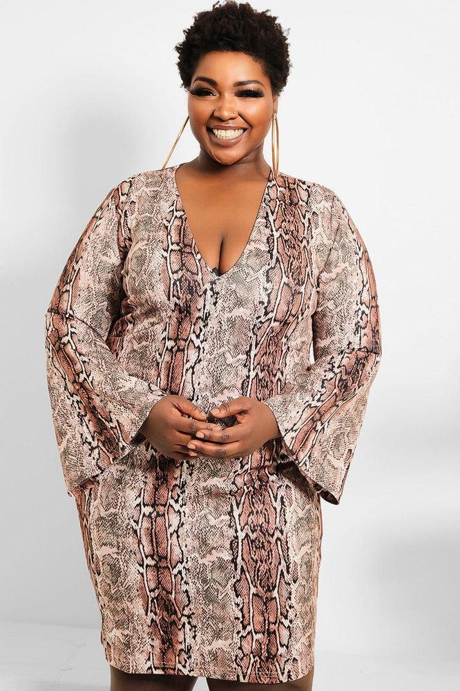 Brown Python Print Flute Sleeves Mini Bodycon Dress-SinglePrice