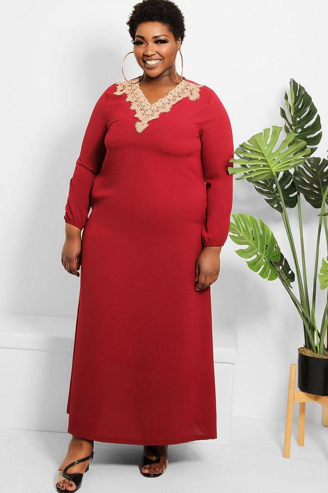 Crochet Lace Neckline Modest Dress-SinglePrice