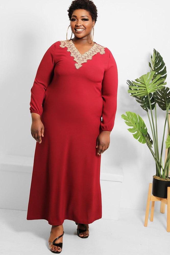 Crochet Lace Neckline Modest Dress-SinglePrice