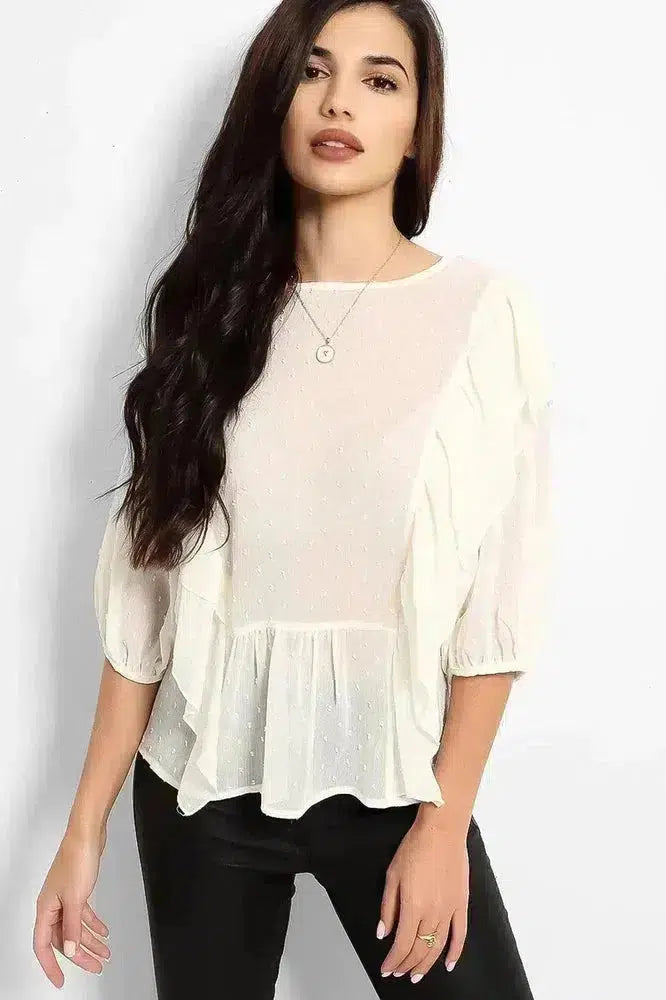 Cream Dobby Mesh Frill Details Blouse-SinglePrice