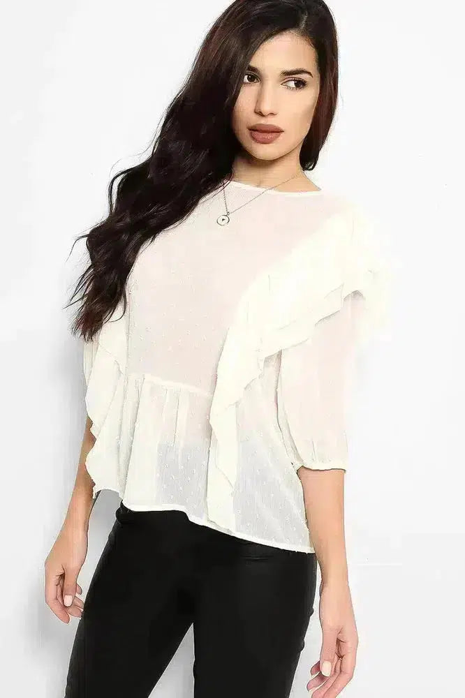 Cream Dobby Mesh Frill Details Blouse-SinglePrice