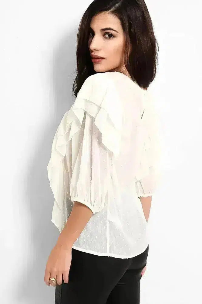 Cream Dobby Mesh Frill Details Blouse-SinglePrice