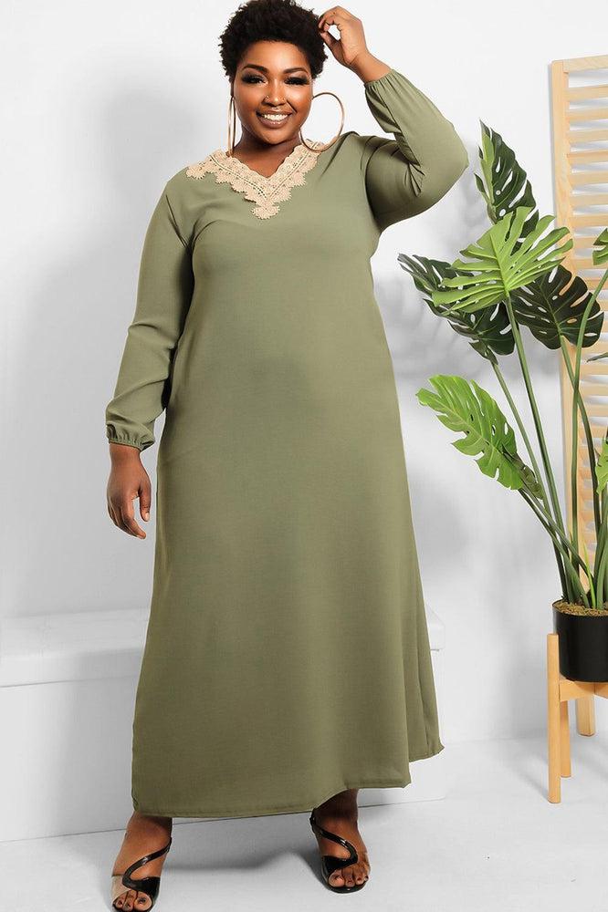 Crochet Lace Neckline Modest Dress-SinglePrice