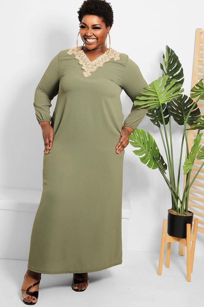 Crochet Lace Neckline Modest Dress-SinglePrice