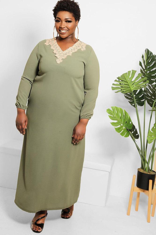 Crochet Lace Neckline Modest Dress-SinglePrice