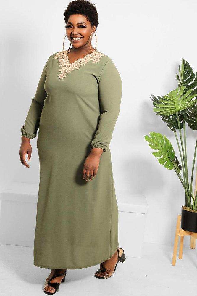 Crochet Lace Neckline Modest Dress-SinglePrice