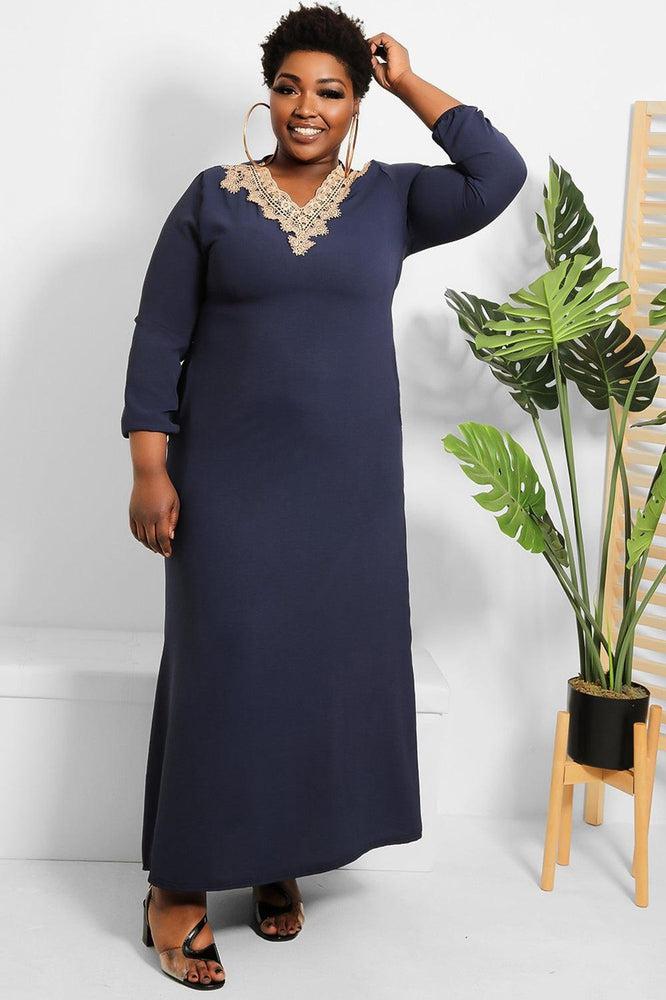 Crochet Lace Neckline Modest Dress-SinglePrice