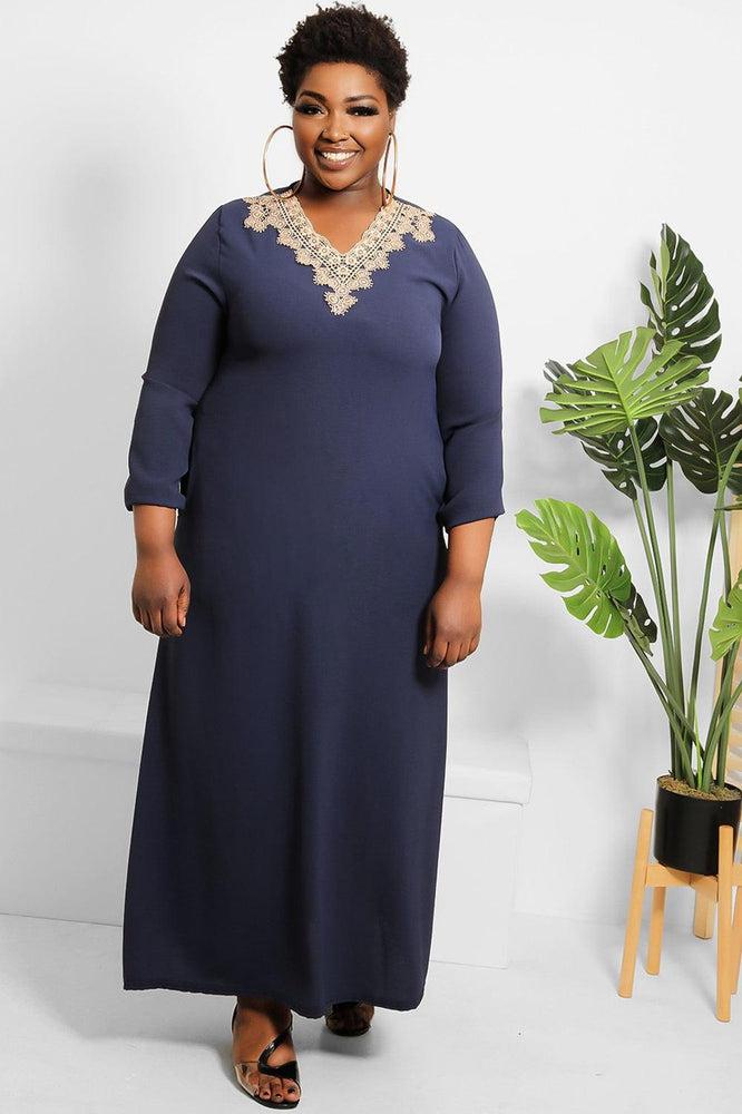 Crochet Lace Neckline Modest Dress-SinglePrice