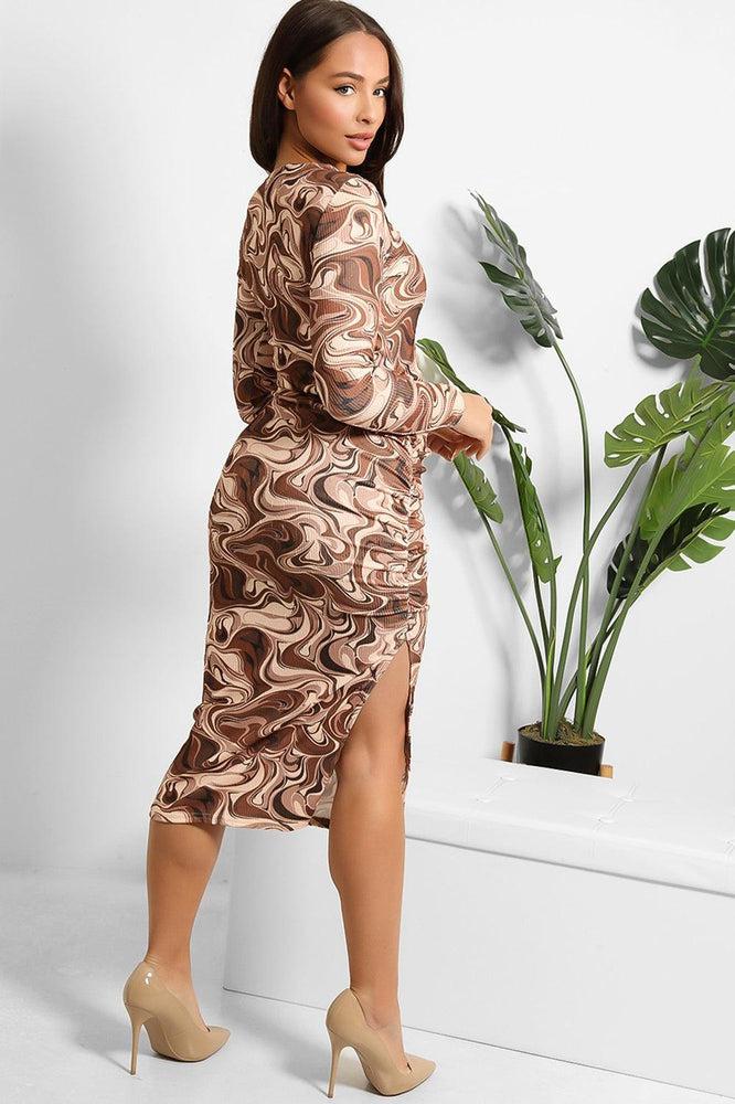 Brown Marble Swirl Print Ruched And Split Side Midi Dress-SinglePrice