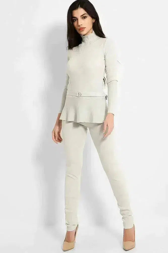 Grey Belted High Neck Knitted Set-SinglePrice