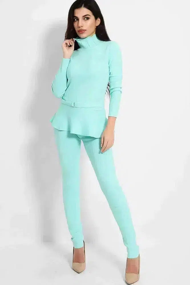 Turquoise Belted High Neck Knitted Set-SinglePrice