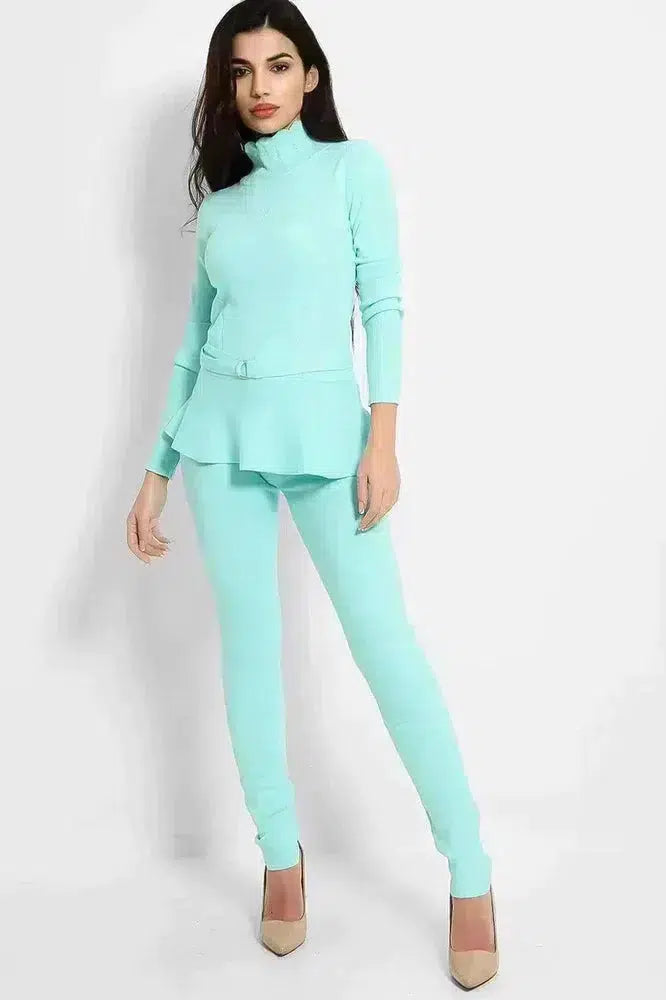 Turquoise Belted High Neck Knitted Set-SinglePrice