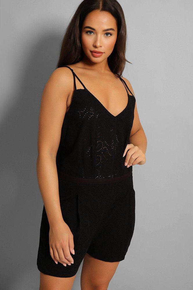 Black Crochet Lace Drop Waist Playsuit-SinglePrice