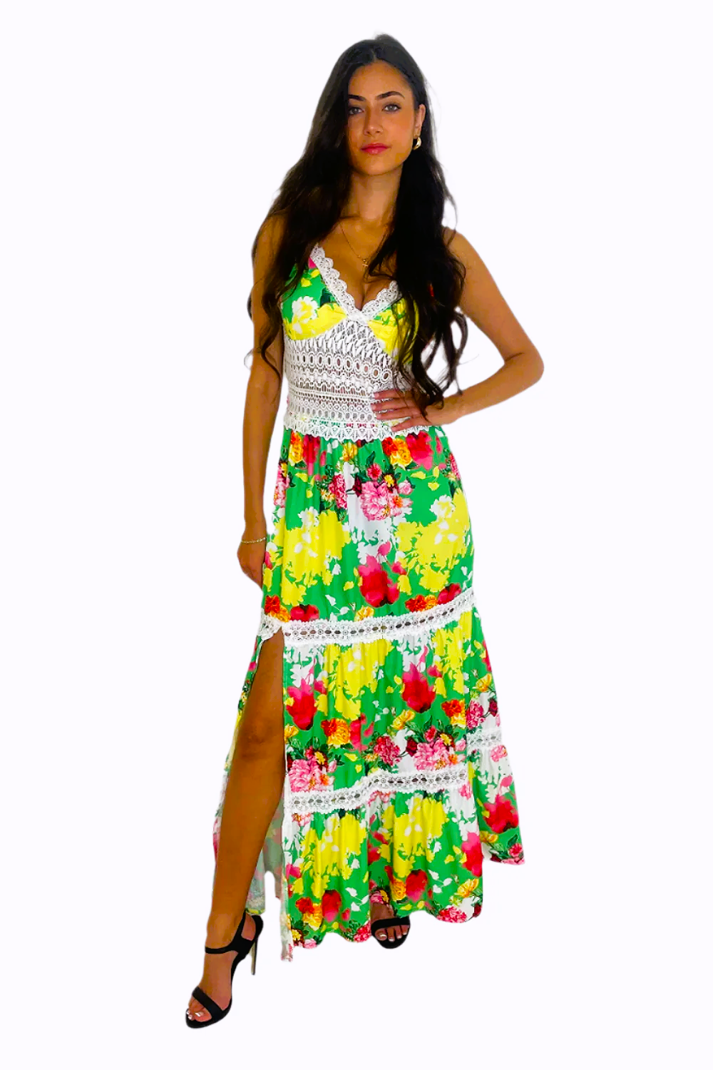 Floral Print Lace Crocket Padded Strappy Side Slit Maxi Dress
