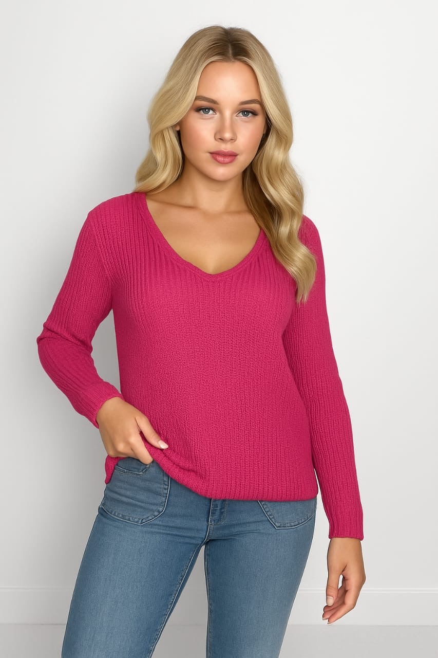 Cotton Blend Chunky Knit V-Cut Sweatshirt