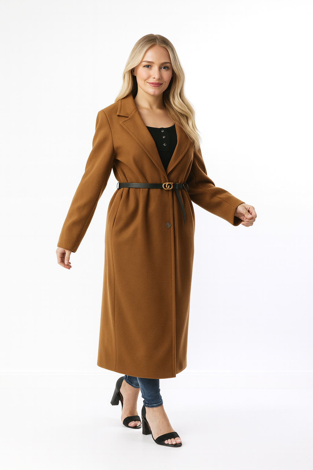 Loose Fit Circle Belt Soft Long Button Down A-Line Lapel Coat