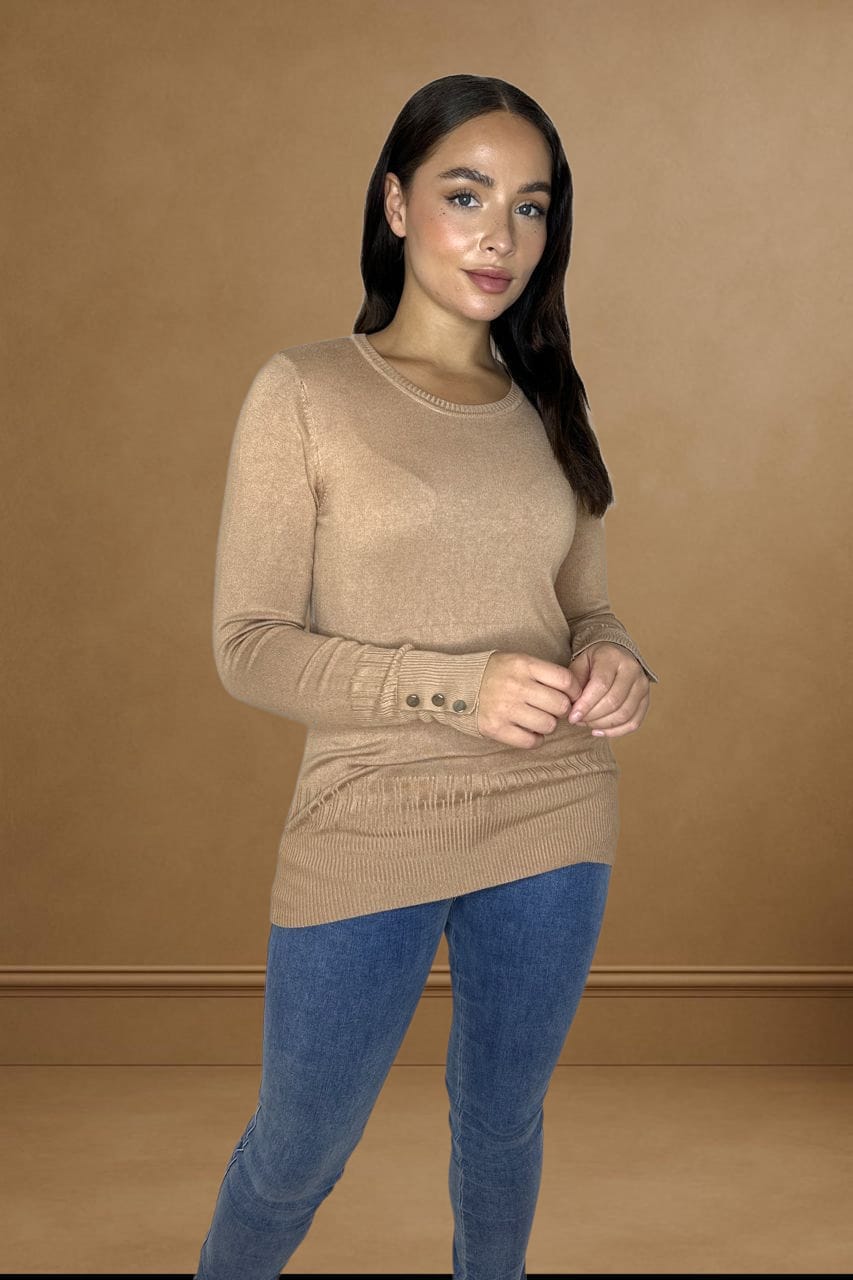 Button Details Cuff Thin Knit Pullover