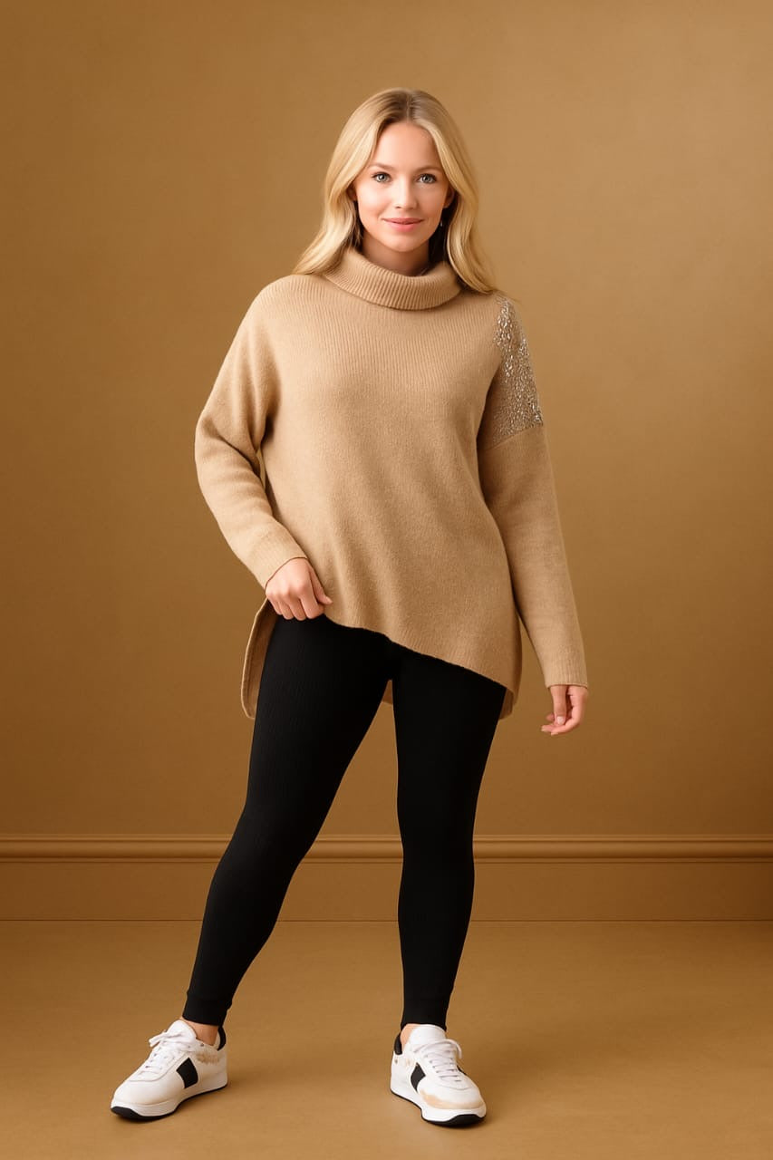 Asymmetric Crystal Embellished Turtle Neck Pullover