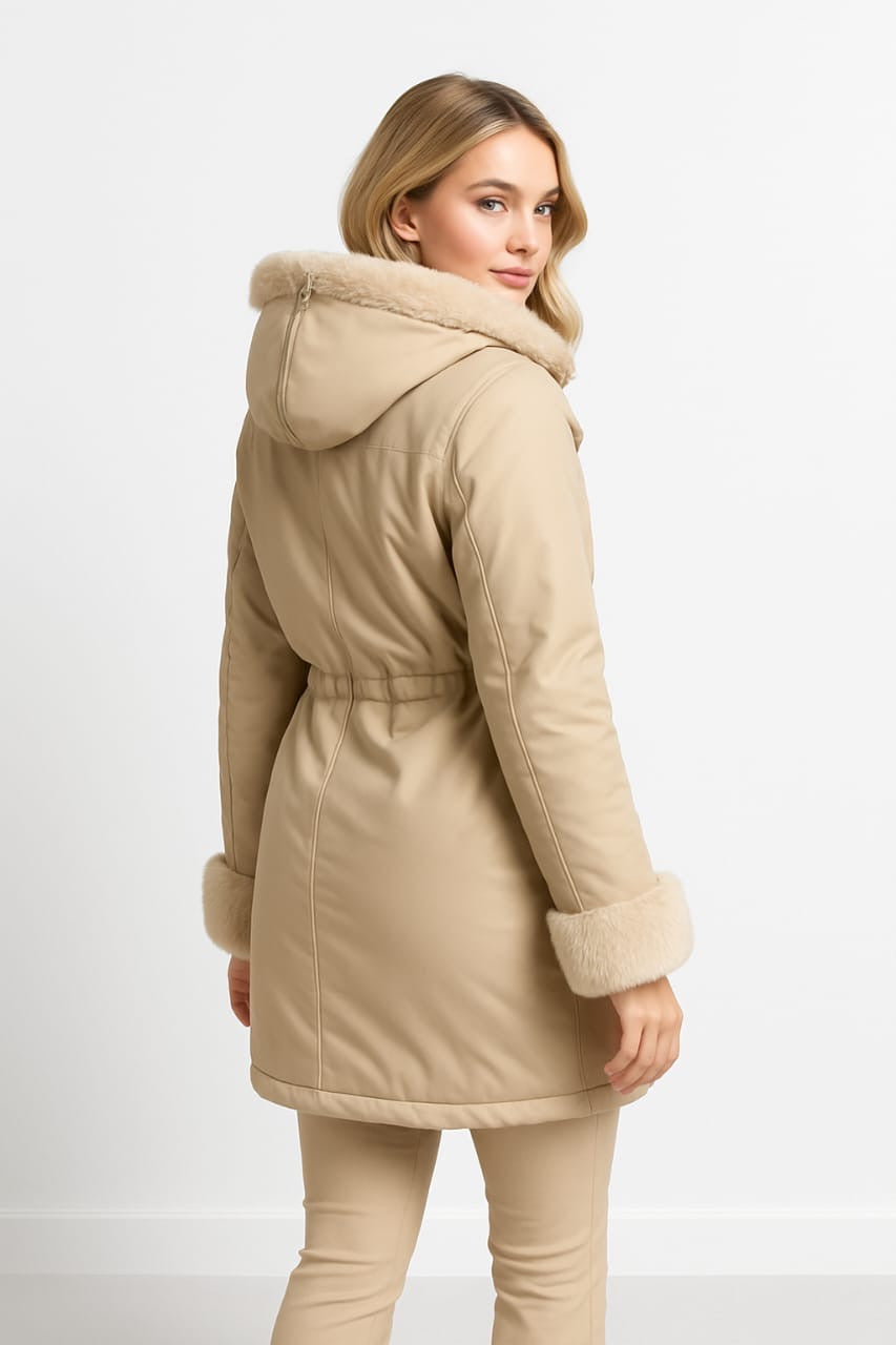 Faux Fur Lining Drawstring Waist Winter Jacket