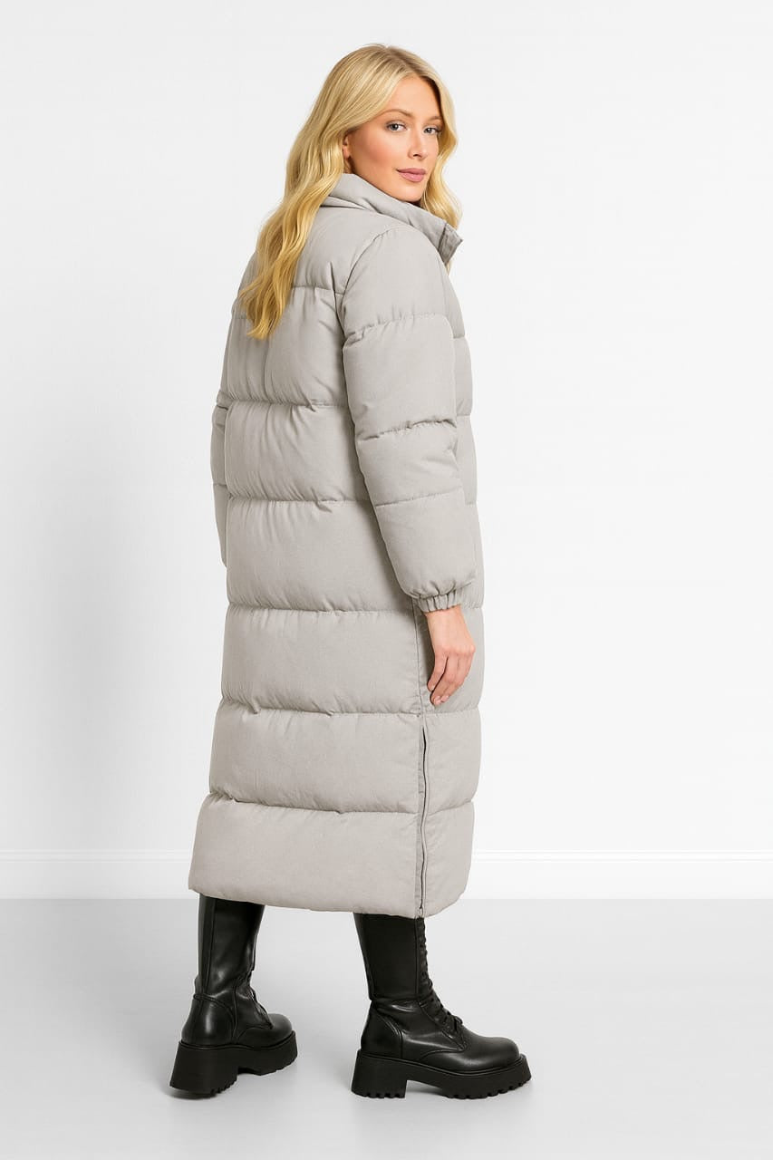 High Neck Quilted Opening Sides Midi Puffer Parker Jacket