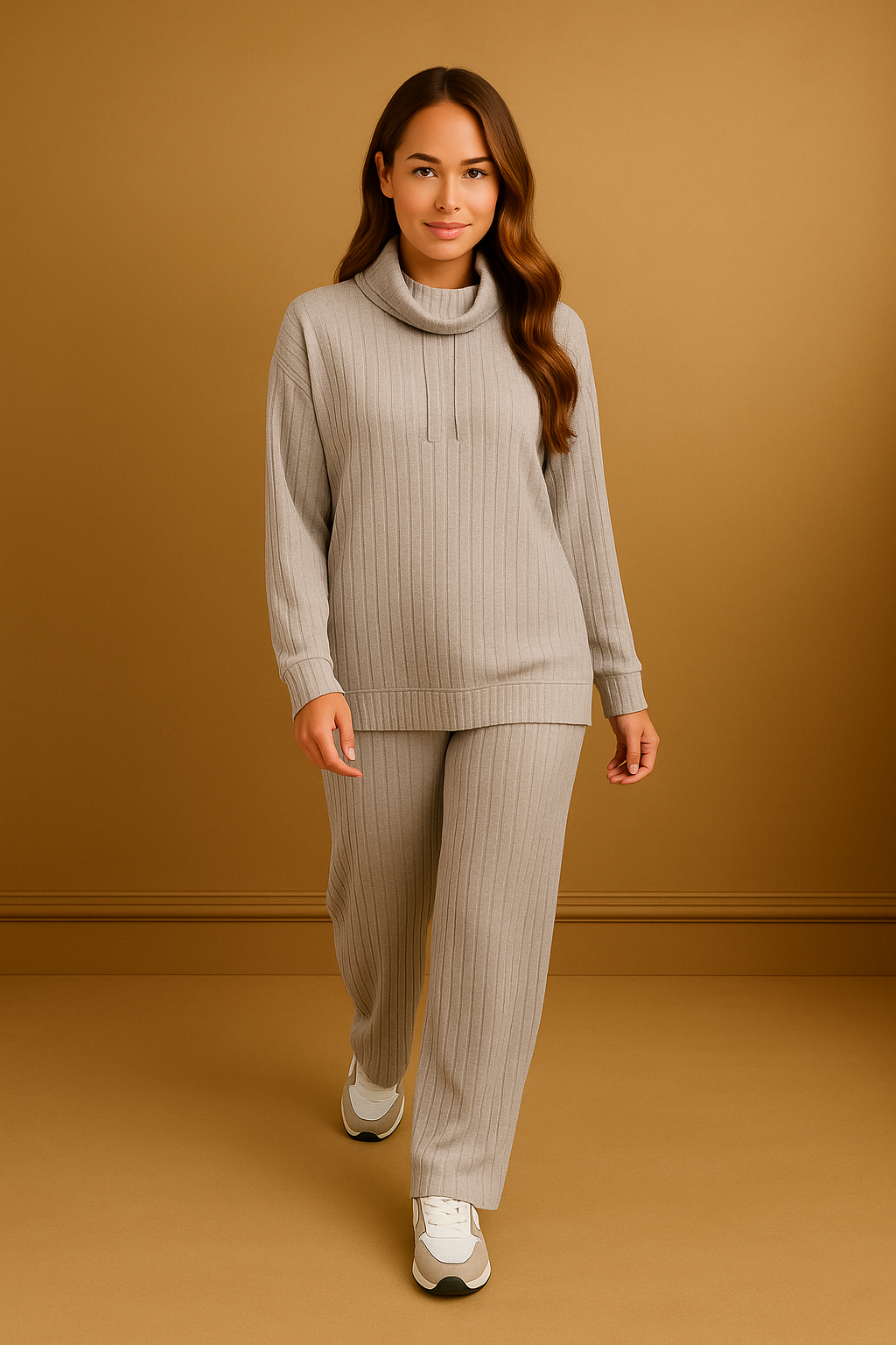 High Drawstring Neck Viscose Blend Knitted Loungewear Set