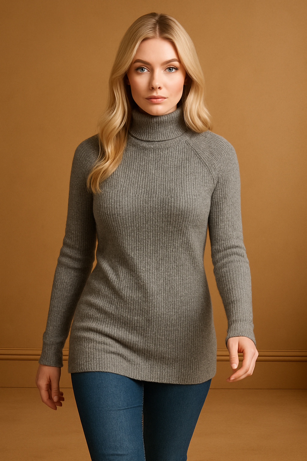 Ribbed Knit Longline Turtleneck Jumper
