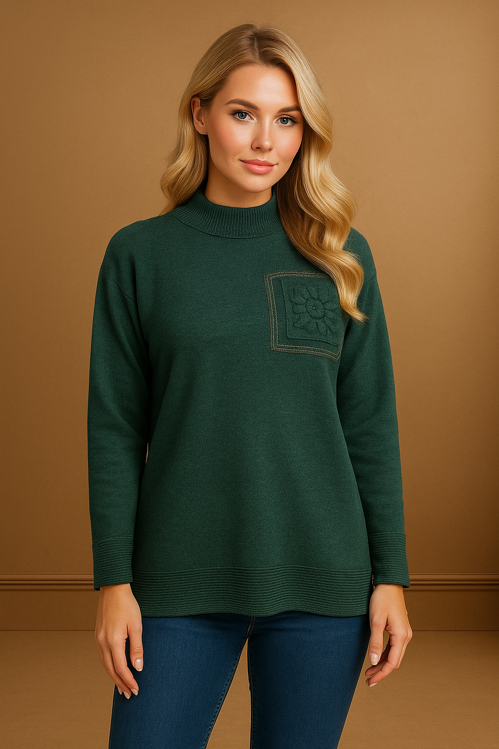 Dark Green High Neck Front Pocket Pullover