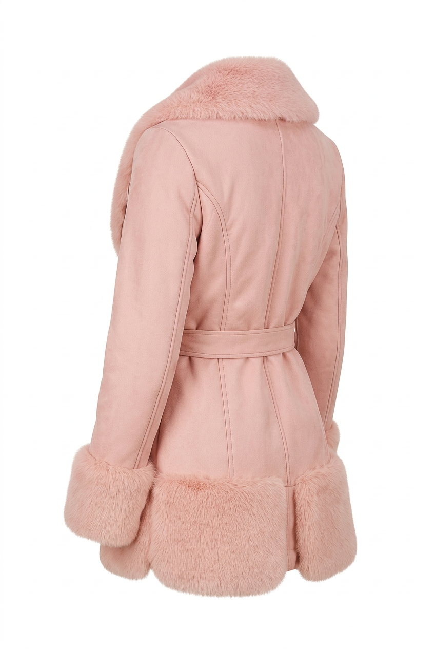Faux Fur And Vegan Leather Waist Tie Deep Plunge Jacket