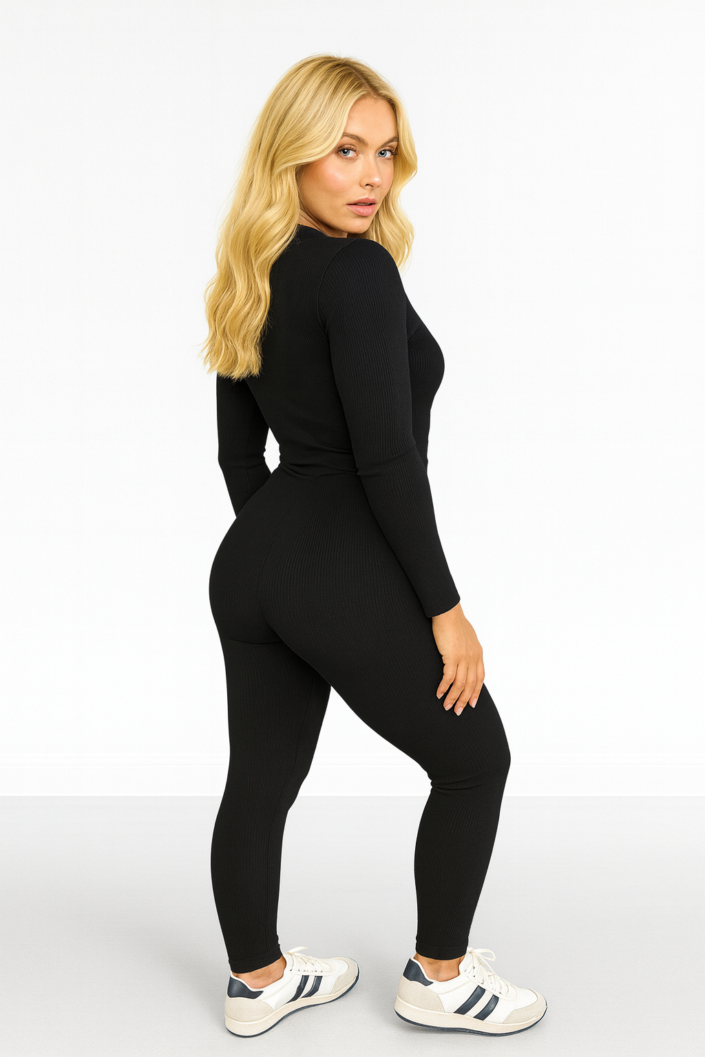 Mini Rib Stretch Fabric Scoop Neck Onesie Jumpsuit