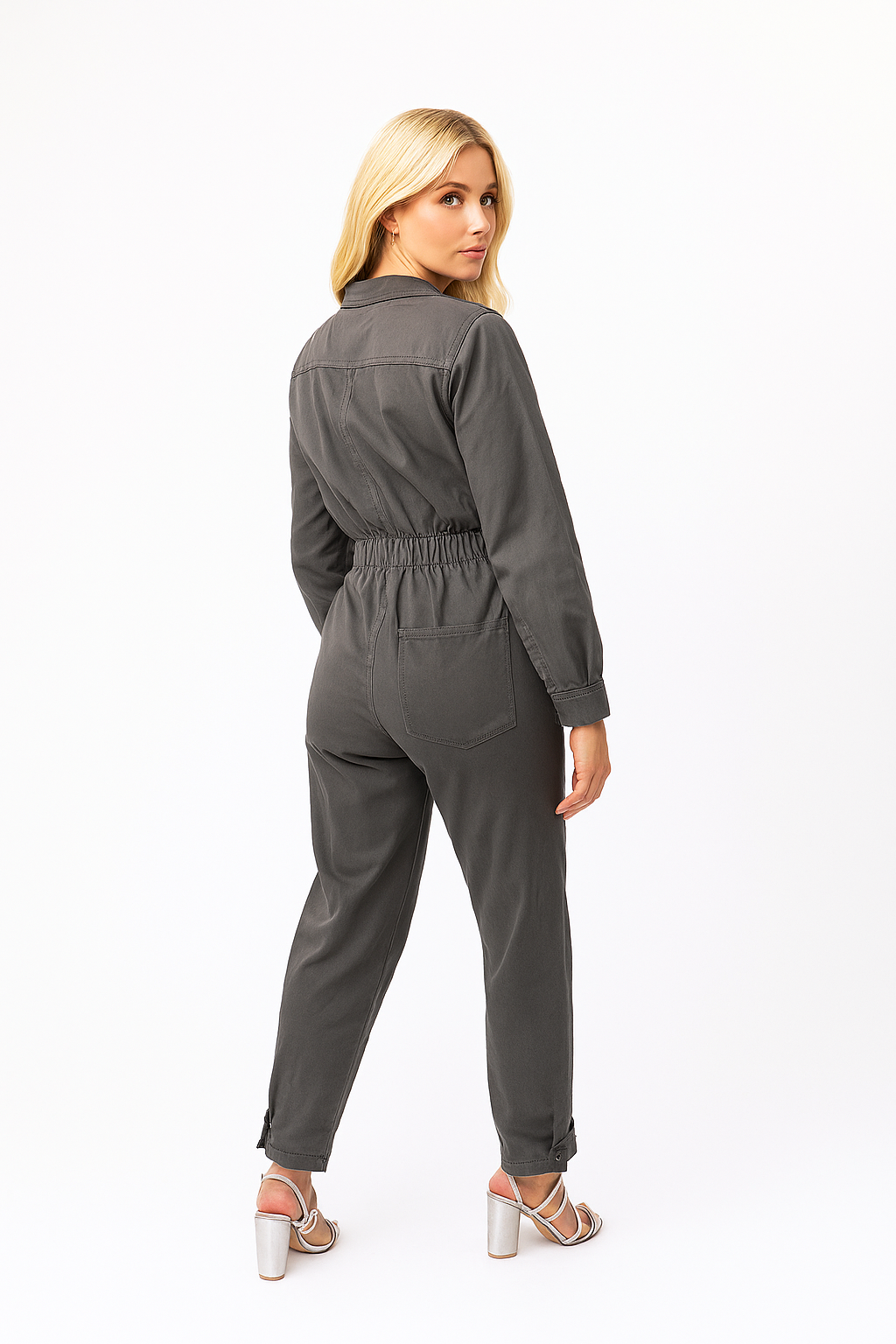 Grey Denim Zippers Details Boiler Jumpsuit