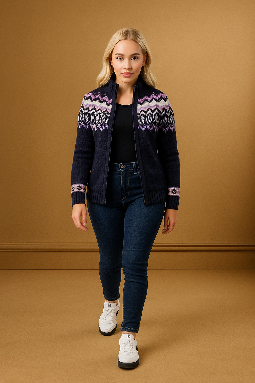 Tiara Fair İsle Print Thick Knitted Full Zip Cardigan