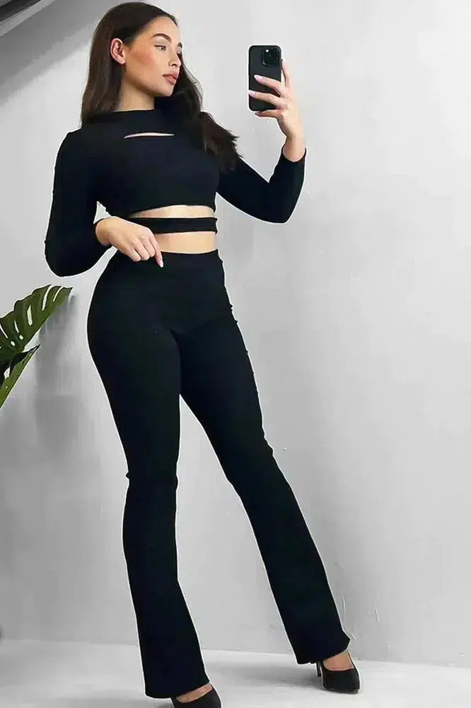 Ribbed Jersey Cut Out Details Crop Top And Trousers Set-SinglePrice