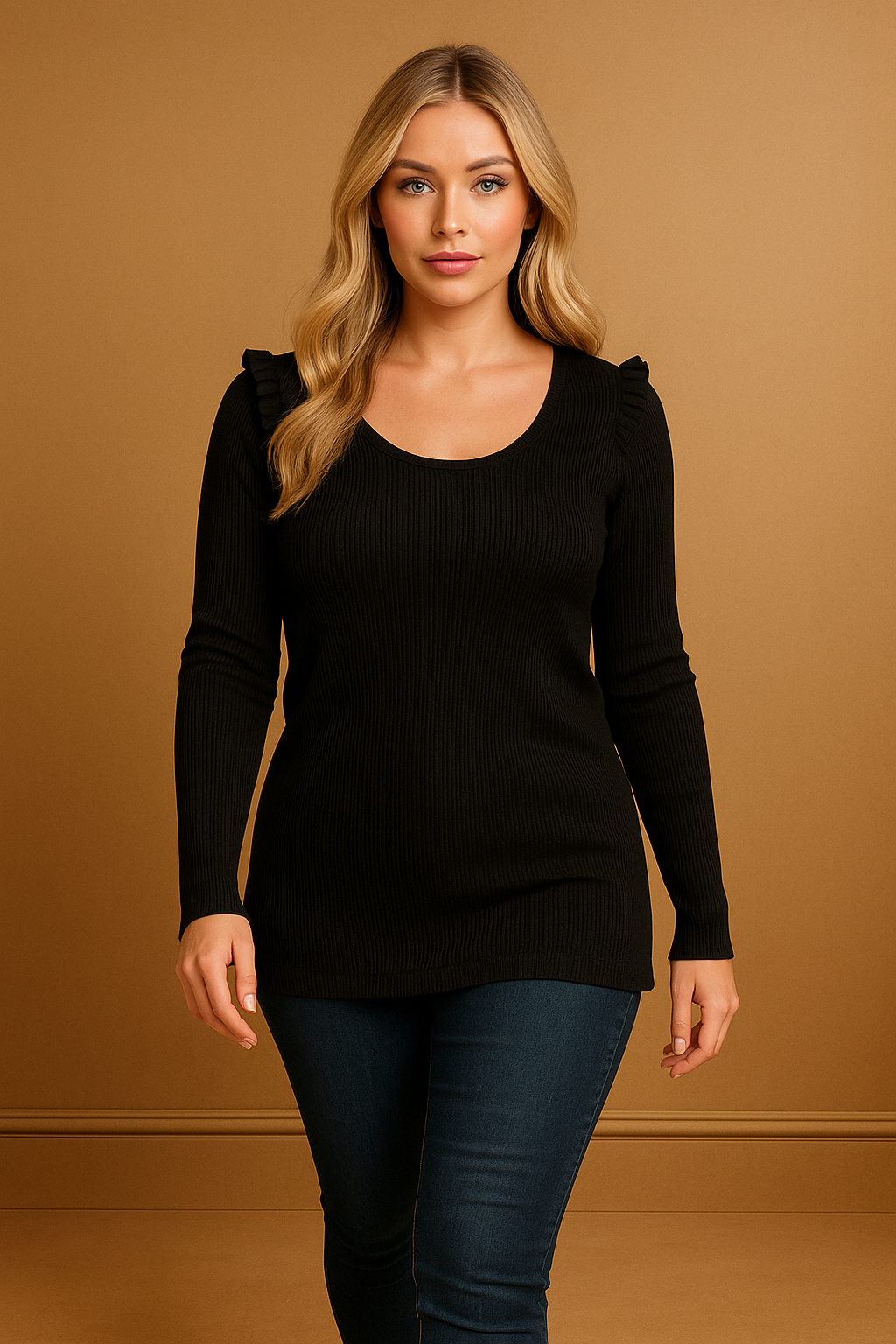 Frilled Shoulders Scoop Neck Pullover