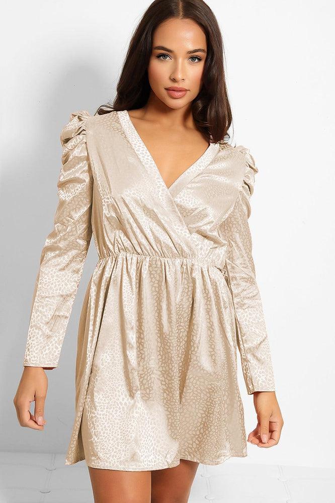 Textured Satin Puff Sleeves Dress-SinglePrice