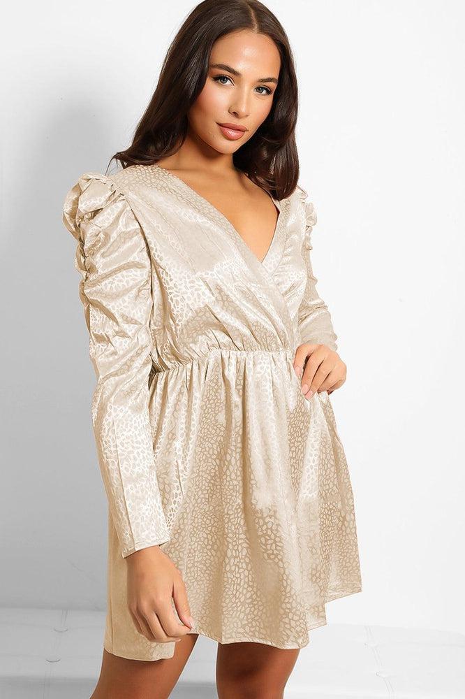 Textured Satin Puff Sleeves Dress-SinglePrice