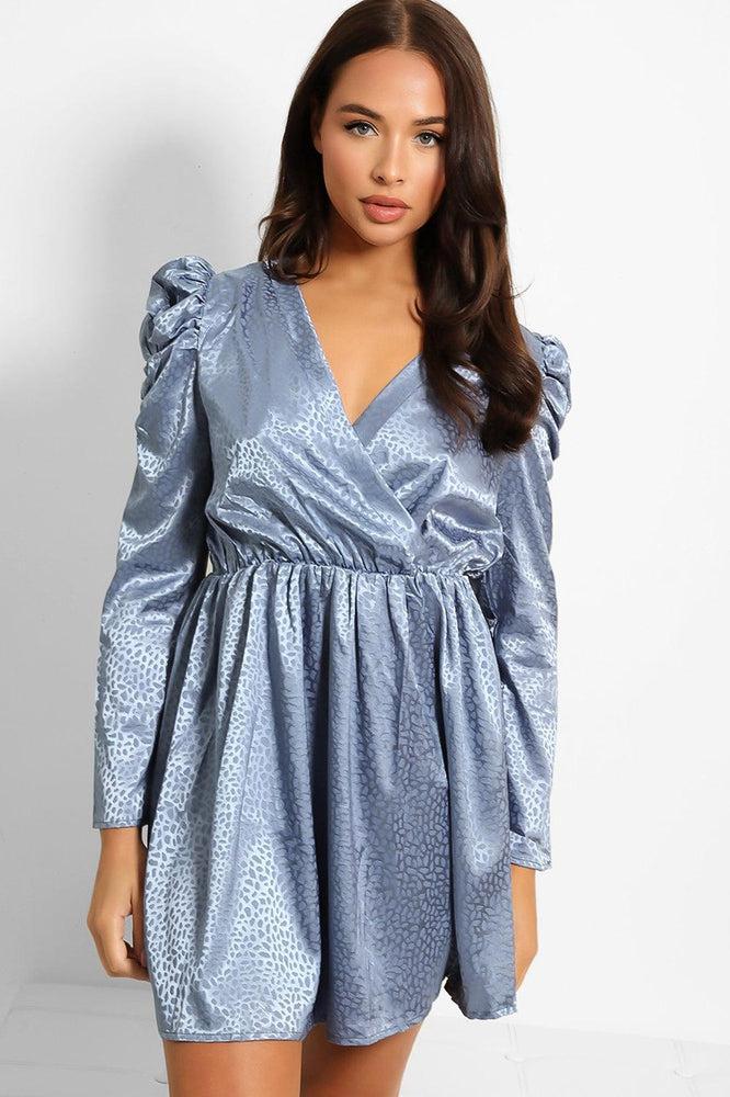 Textured Satin Puff Sleeves Dress-SinglePrice