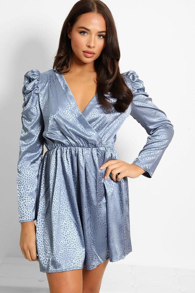 Textured Satin Puff Sleeves Dress-SinglePrice