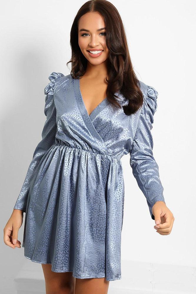 Textured Satin Puff Sleeves Dress-SinglePrice
